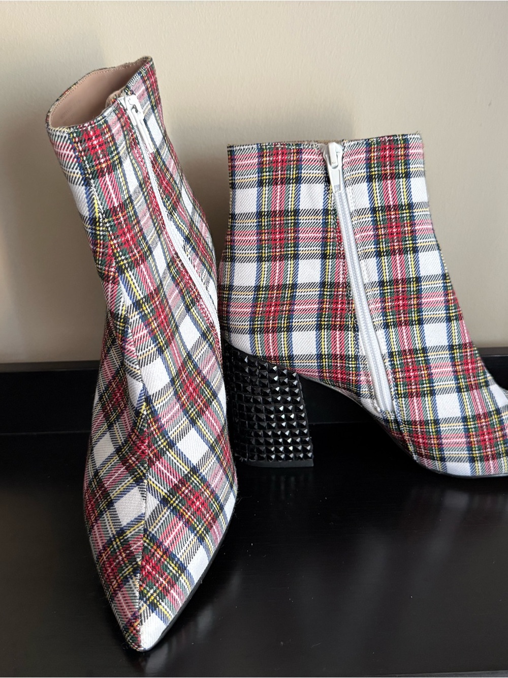 Betsey Johnson Kassie Plaid Studded Heel Boots 7.5 NWOB